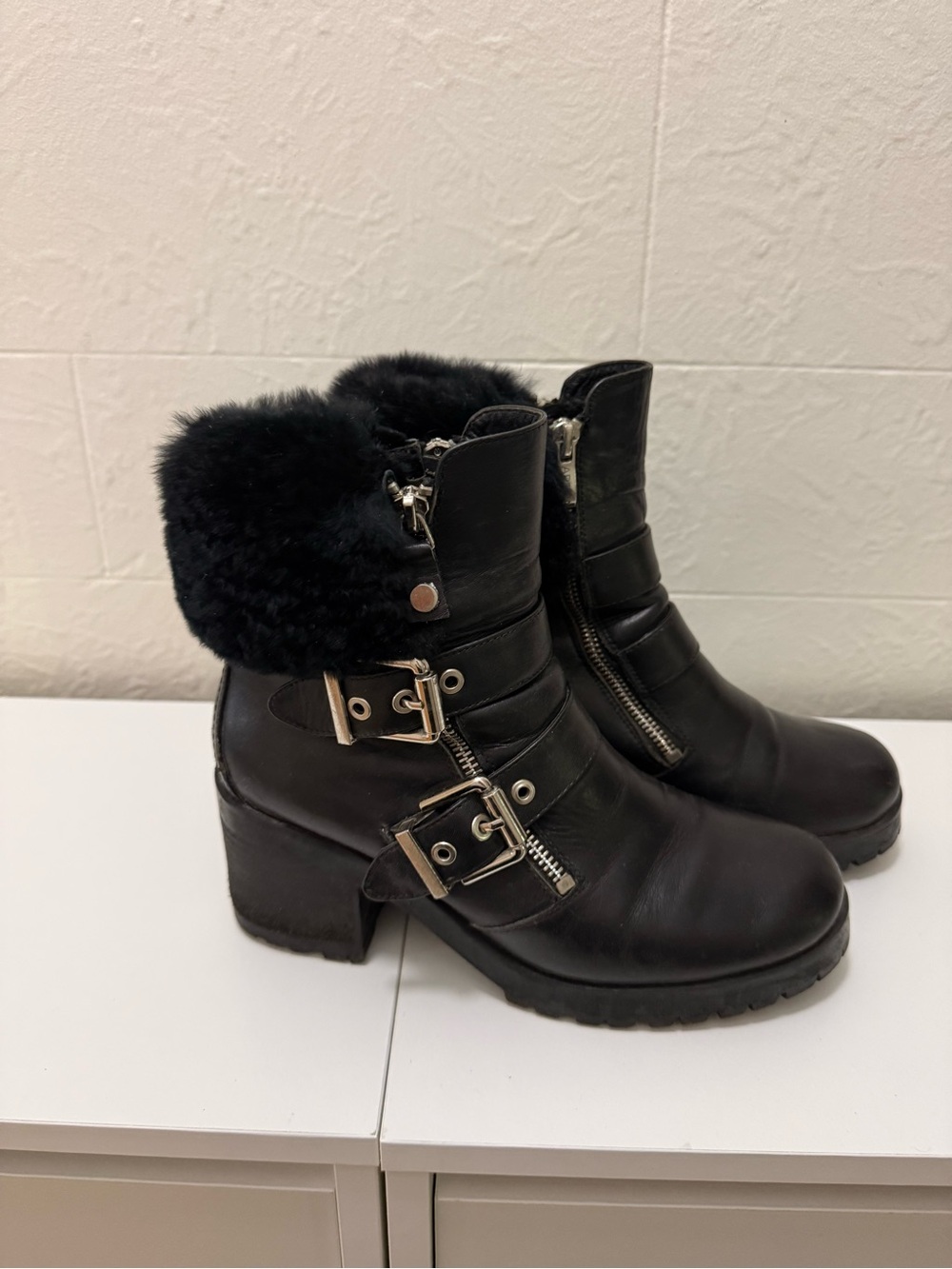 Faux-Fur Cuff Black Leather Ankle Boots with Buckle Detail